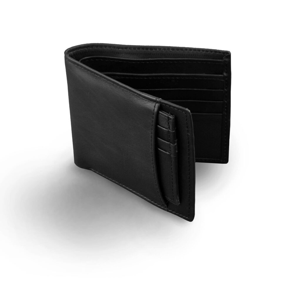 External Pocket Jet Black Cow Leather Wallet Mender Leather Factory