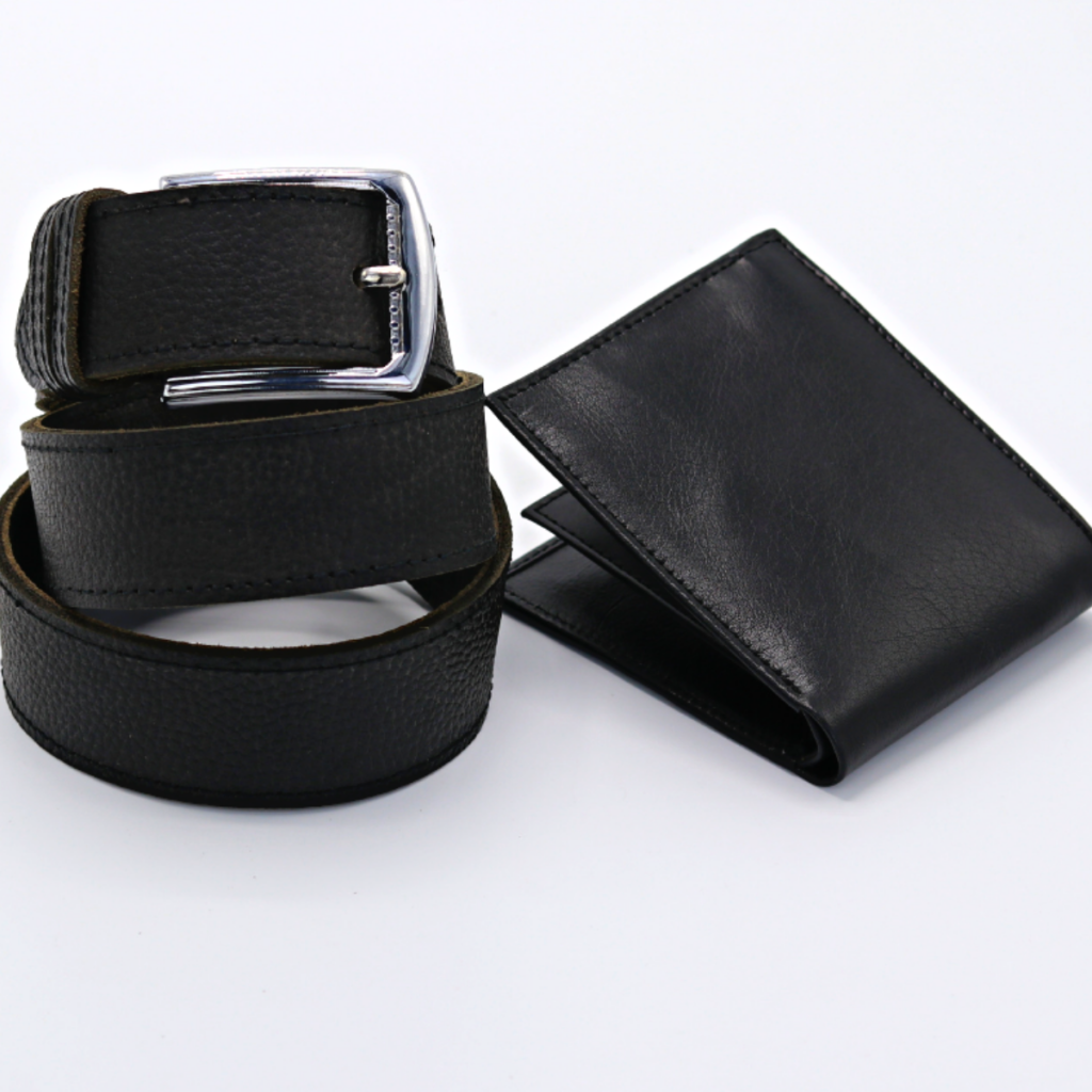 Black Wallet and Slim Belt in Real Leather Set in Black Mender Leather Factory